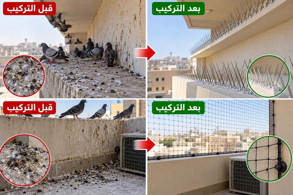 مكافحة الحمام وتركيب الطارد — صورة مقارنة