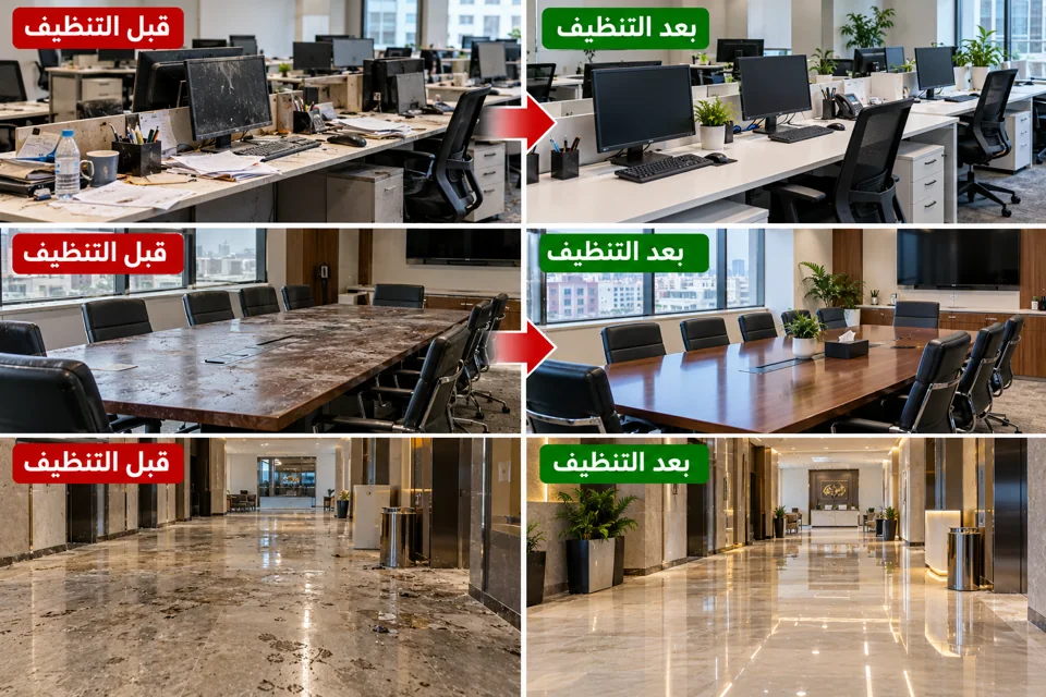تنظيف المكاتب والمنشآت — صورة مقارنة