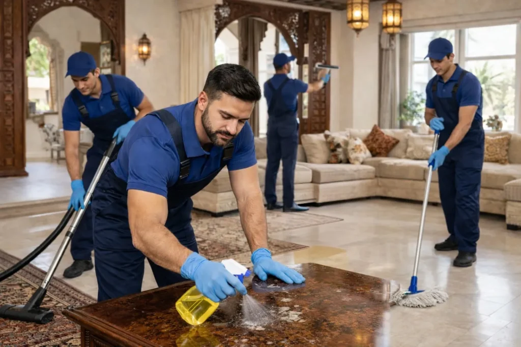 فريق شركة تنظيف فلل في الشارقة أثناء العمل