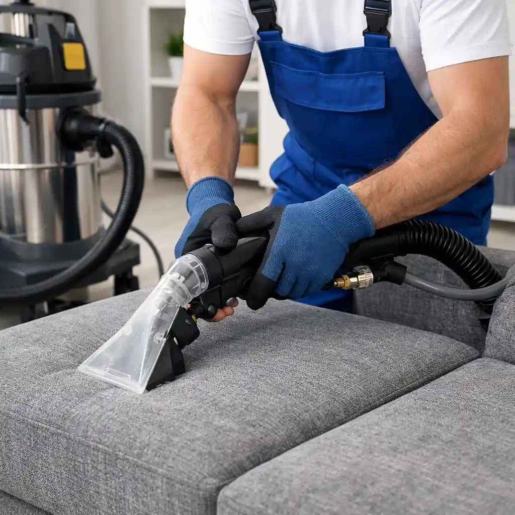 فريق شركة تنظيف كنب عجمان عيون الخليج أثناء تقديم خدمة احترافية