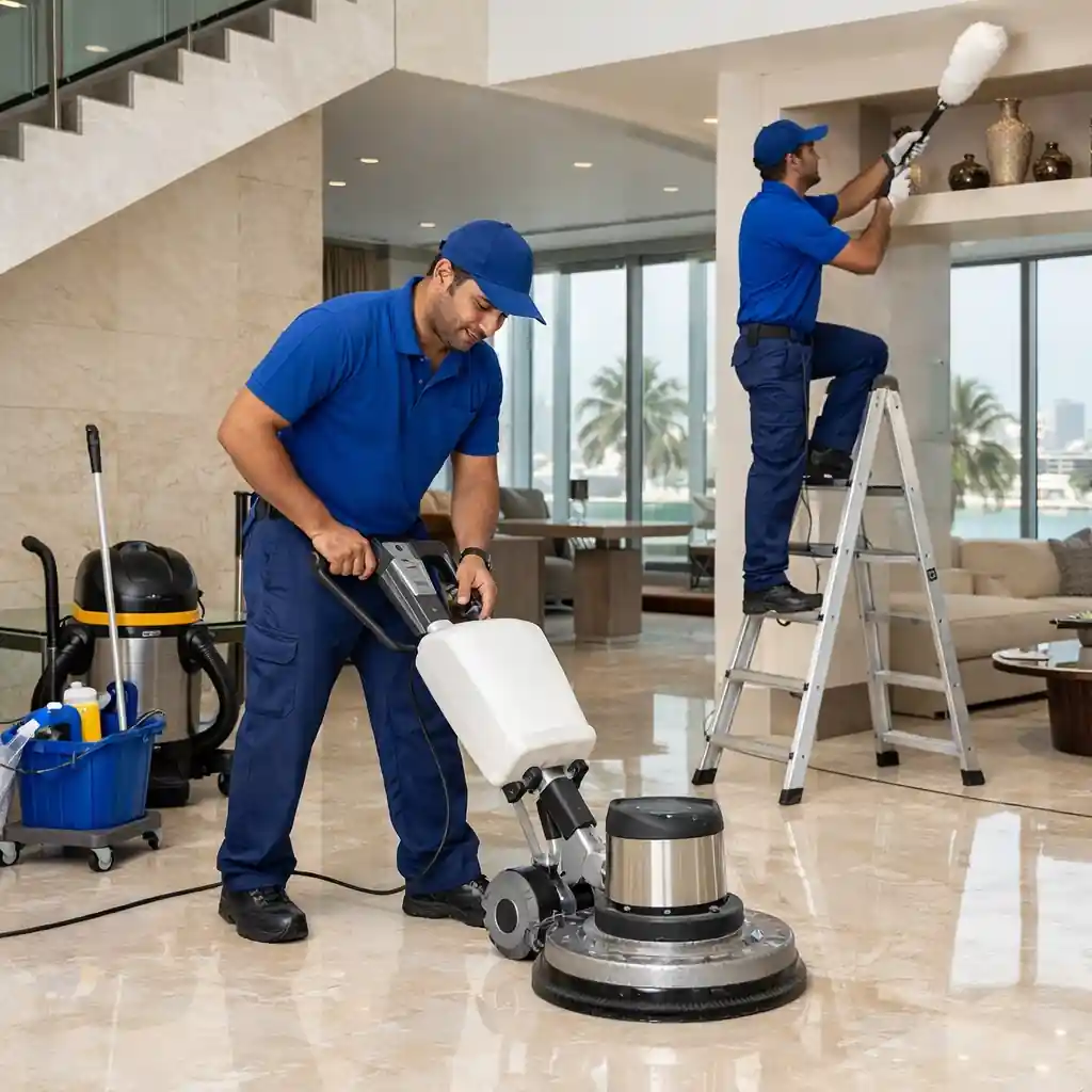 فريق شركة تنظيف في رأس الخيمة عيون الخليج أثناء العمل الاحترافي