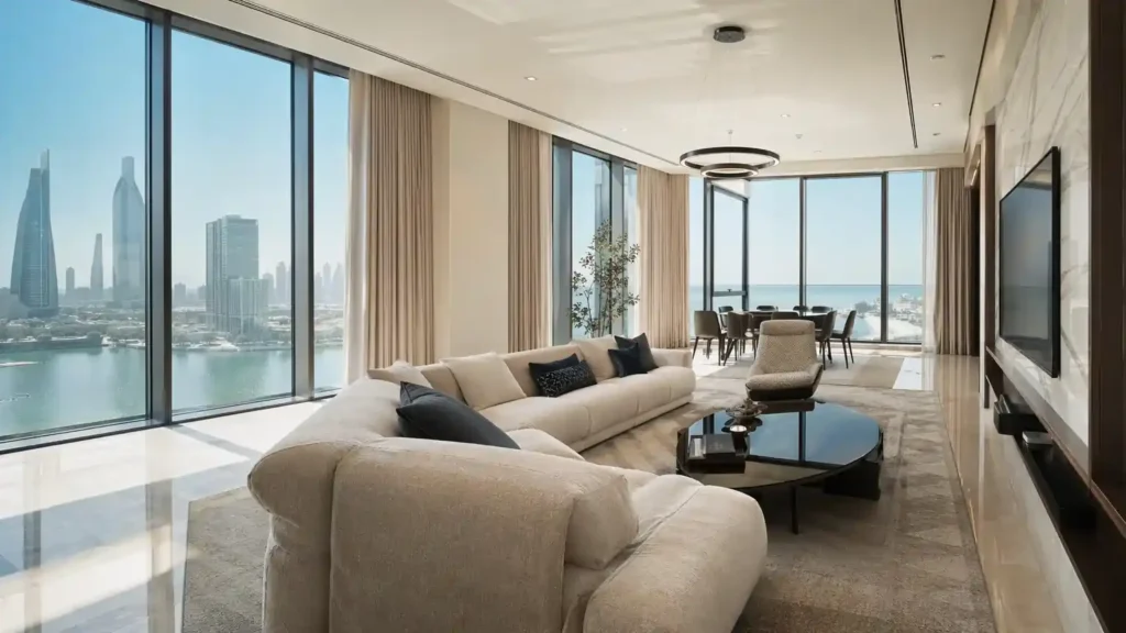 صالة شقة حديثة ولامعة بعد الانتهاء من خدمات شركة تنظيف شقق جديدة أبوظبي عيون الخليج