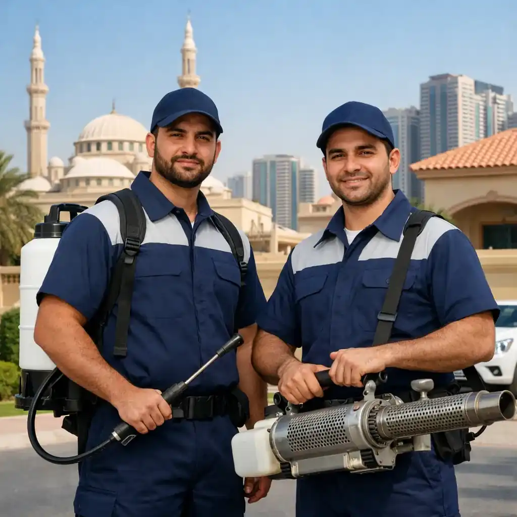 مكافحة حشرات الشارقة : فريق شركة عيون الخليج أثناء تنفيذ خدمة رش حشرات