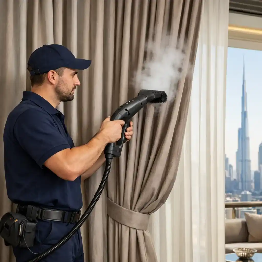 تنظيف ستائر في مكانها دبي دون الحاجة للفك