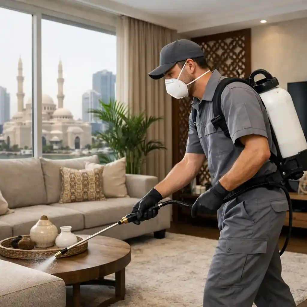 فني مكافحة حشرات داخل منزل في الشارقة يقوم برش آمن
